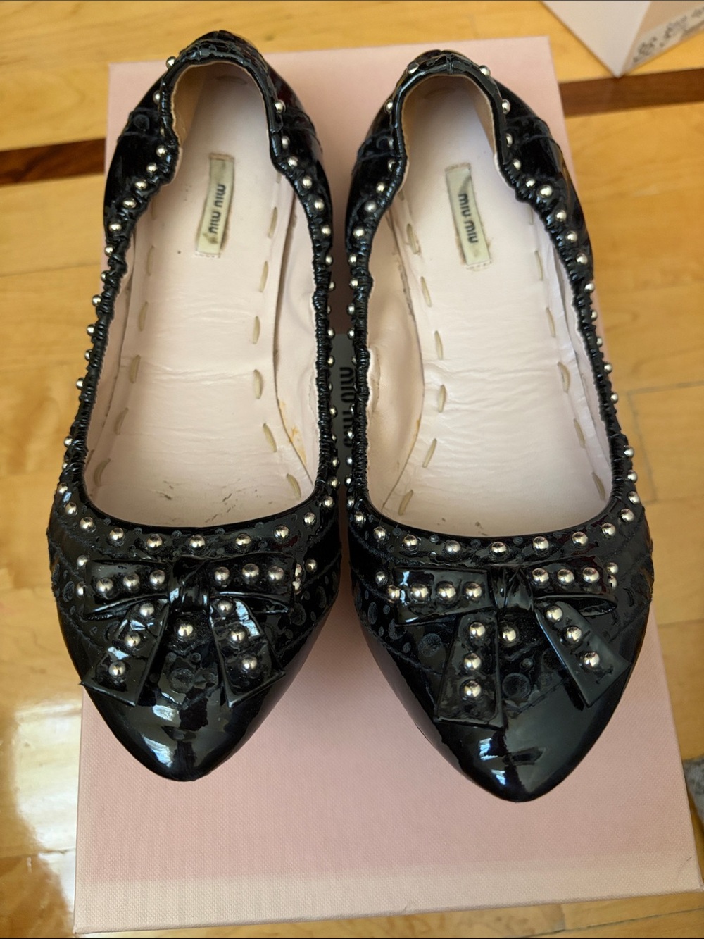 Miu Miu Black Patent Studded Bow Pointed Ballet Flats SIZE 37